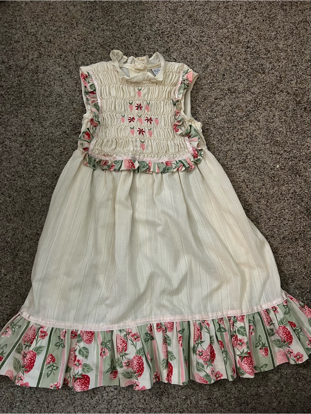 Girls poly flinders Cream strawberry Ruffled hand Smocked Dress